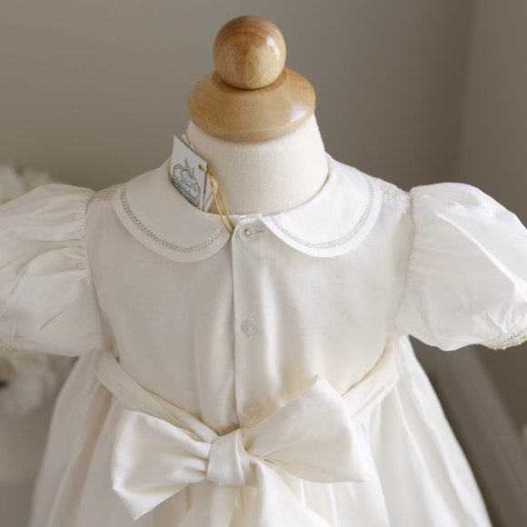 Feltman Brothers Baby Girls Ivory Vintage Romper - Smocked in Blue - Lace Trim main image 0